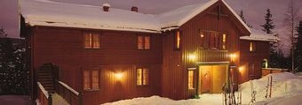 Et stort trehus er dekket av snø om natten